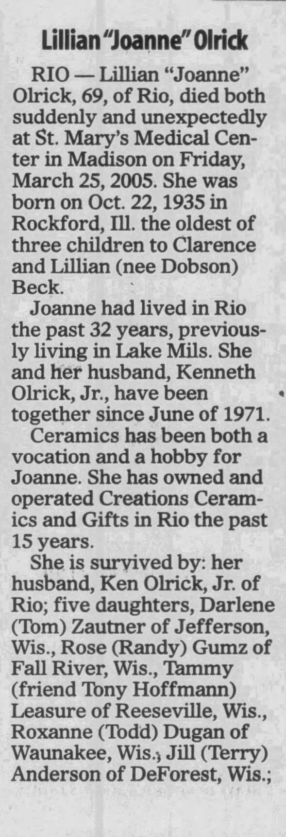 Obituary for Lillian Joanne Olrick, 1935-2005 (Aged 69)